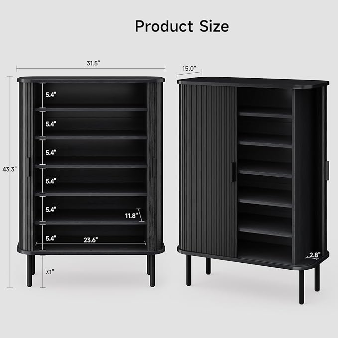ONBRILL 6-Tier Shoe Cabinet with Sliding Door, Wooden Shoe Storage Cabinet with Adjustable Shelves, Mid-Century Modern Freestanding Shoe Storage Organizer for Entryway, Hallway, Living Room, Black