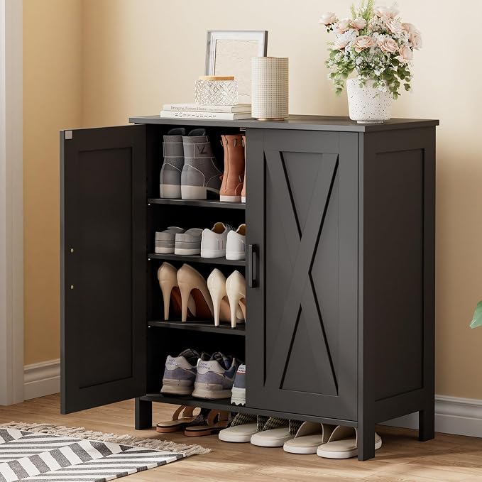 Homleke Farmhouse Shoe Cabinet with 2 Barn Doors & Wood Legs | Tall 4-Tier Shoe Storage Cabinet, 3 Adjustable Shelves, Shoe Rack Organizer, for Entryway, Hallway, Closet, Black