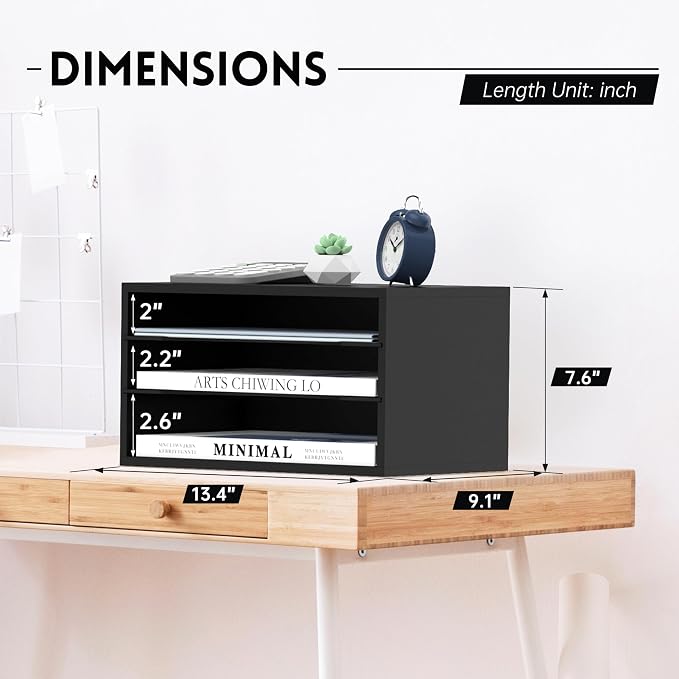 3 Tier Wood Desk Organizer, Mail Sorter and Paper Organizer for Desk, Black | Wooden Desktop Organizer for Sorting Papers, Letters and Mails, Literature Organizer for Home Office, Classroom Organization