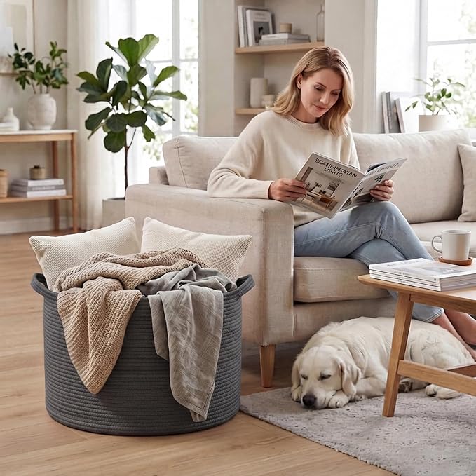 115L Extra Large Blanket Basket,Woven Rope Laundry Basket-Dark Grey | Collapsible, reinforced handles, nursery storage bin organizes clothes, toys and pillows for living room, bedroom bathroom.