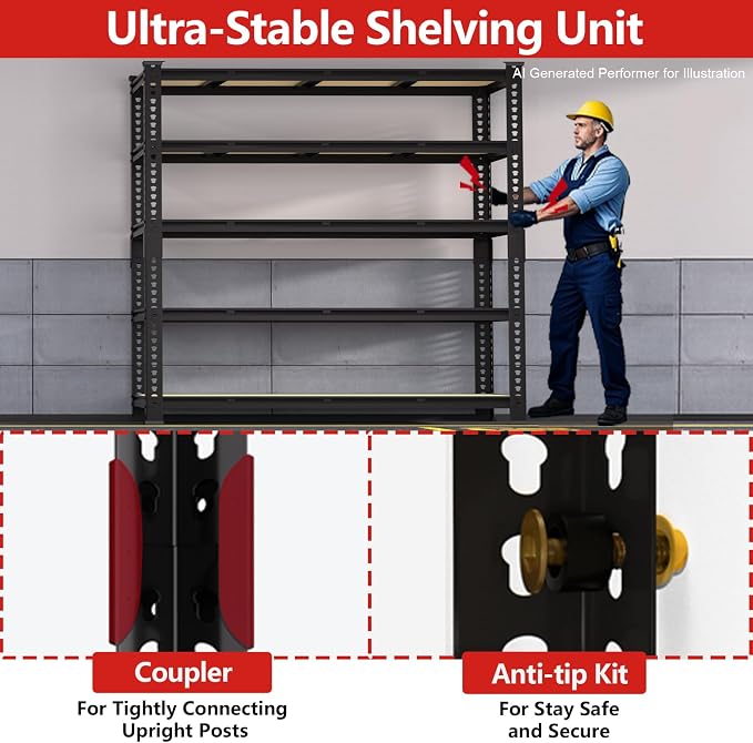 PrimeZone 60" W X 24" D X 72" H Heavy Duty Garage Storage Shelves, 3000 LBS | 5 Tier Adjustable Metal Shelf, 15 Support Beams, Boltless Solid Steel Frame, Freestanding, Industrial Storage for Basement