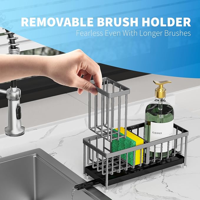Cisily Sponge Holder for Kitchen Sink, Sink Caddy Organizer with High Brush Holder, Kitchen Countertop Organizers and Storage Essentials, Rustproof 304 Stainless Steel (Dark Grey, 9.25″)