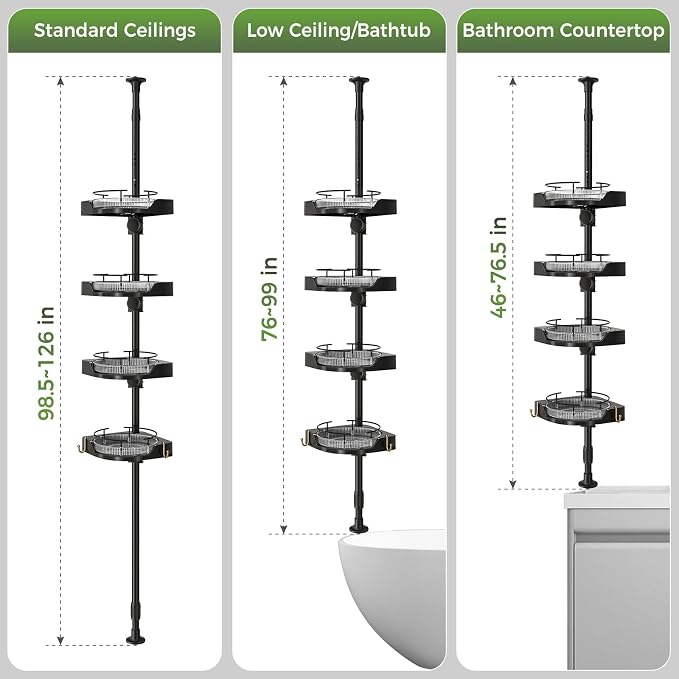 akinbas 360° Rotating Shower Caddy Tension Pole with 4-Tier Rustproof Lazy Susan 35-128 Inch No Drilling Coner Shelves Adjustable Shower Rack for Bathroom Bathtub Washbasin Plant Storage (Black)