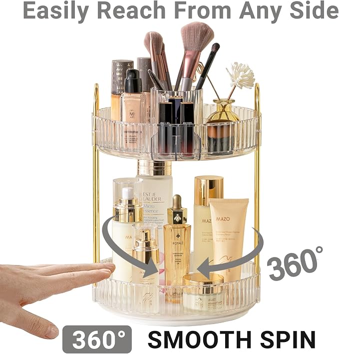 Asayuee 360 Rotating Makeup Organizer,2 Tier Large Capacity Make Up Organizers and Storage,Skincare Perfume Vanity Organizers,Bathroom Cosmetics Storage Organizer Countertop(Clear)