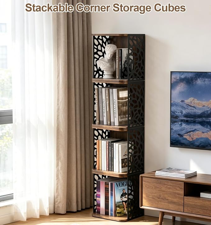 Small Bookcase, Small Bookshelf for Small Spaces Cube Organizer Storage | Wooden Stackable Space-Saving Storage Short Bookshelf for Books Magazines Vinyl Records for Living Room Bedroom Home Office