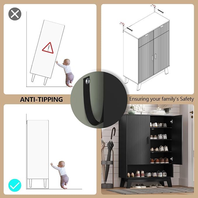 HUANLEGO Shoe Cabinet Storage for Entryway with Doors, Black | 5 Tier Fluted Shoe Organizer with Adjustable Shelves, Shoe Storage with Wooden Legs, Freestanding Shoe Rack for Entryway