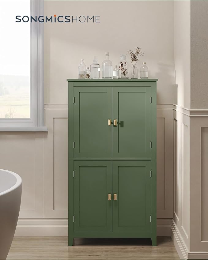 SONGMICS HOME Freestanding Storage Cabinet, Floor Cabinet with Elevated Legs, Metal Handles, for Living Room, Kitchen, Bathroom, Green