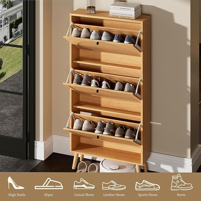 Fsbecl Shoe Storage Cabinet for Entryway with 3 Flip Drawers, Oak | Narrow Single Layer Design, 23.6'' Freestanding Shoe Rack, Wooden Hidden Organizer for Hallway Foyer, 6-9 Pairs