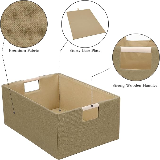 Foldable Fabric Storage Baskets Set of 2 for Shelves, Linen Decorative Storage Bins with Wooden Handles, Small Organizer Cubes for Closet, Rectangle Canvas Boxes for Organizing, Decor (Brown 2 Pack)