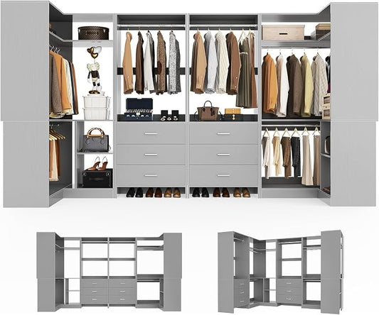 Aheaplus Closet System with 6 Drawers, 6 Hanging Rods & Corner Tower, Corner Closet System with Hanging,112.5" U-Shaped Walk-In Wardrobe Organizer, 2000+ lbs Capacity, Set of 4, Grey