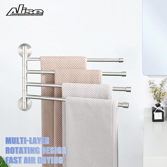 Alise 4 Arm Swivel Towel Rack, Swivel Towel Bar Brushed Nickel, 13.86 Inch | Space Saving Swing Arm Towel Rack for Bathroom Kitchen Outdoor, SUS304 Stainless Steel, 180° Rotating