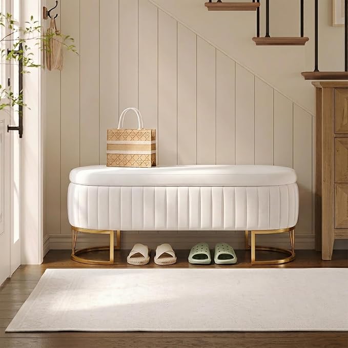 46" Storage Ottoman Bench, Velvet Oval End of Bed Bench Ivory | Easy 1-Min Assembly, High-Resilience Foam, Large Hidden Storage, Sturdy Gold Metal Legs