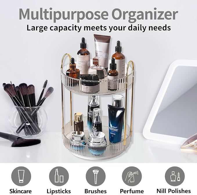 Asayuee 360 Rotating Makeup Organizer,2 Tier Large Capacity Make Up Organizers and Storage,Skincare Perfume Vanity Organizers,Bathroom Cosmetics Storage Organizer Countertop(Clear-2 Tier)