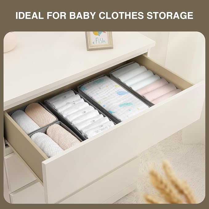 DIMJ Drawer Organizers - Set of 8 Foldable Closet Dividers for Baby Clothes, Socks, Belt, Tie (Black)
