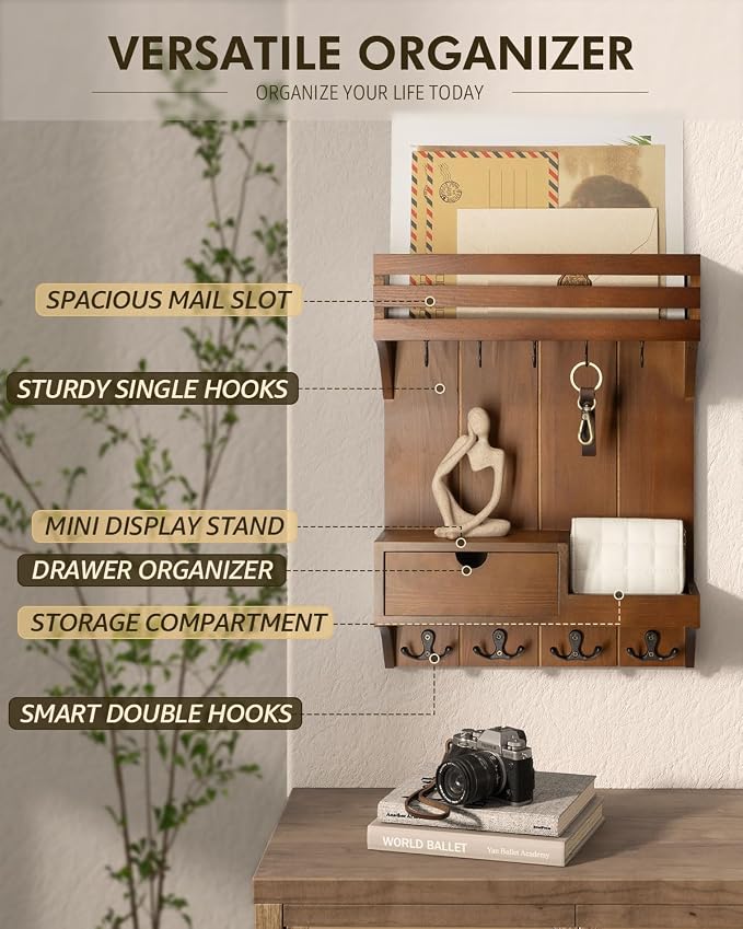 Rebee Vision Key Holder Wall Mount with Drawer Organizer for Entryway,Brown | Key Holder for Wall , 9 Sturdy Key Hooks, Floating Shelf, Plant Display, Drawer Organizer, Mail Sorter, Home Decor Storage