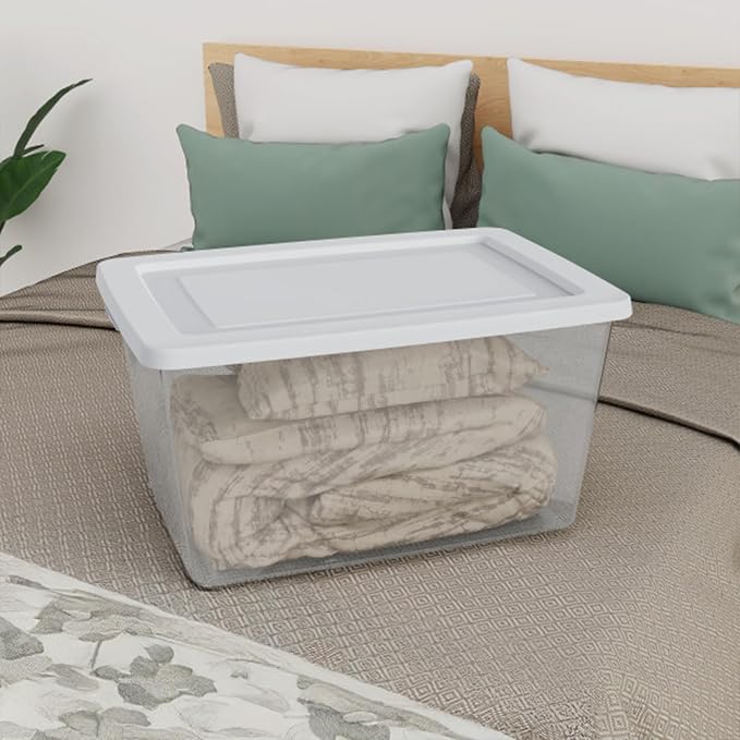 Sterilite Clear Storage Box Stackable Tote, 58 Quart, 12-Pack | Clear Plastic Container with Secure Snapping Lids for Home and Office Organization, White