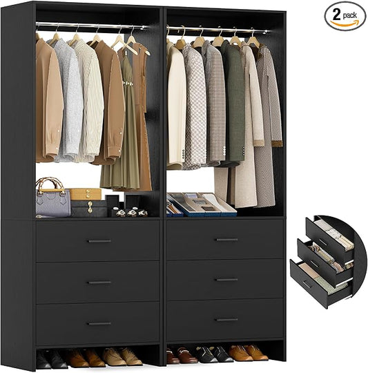 Aheaplus Closet System Closet Organizer, Wood Closet Organizer System, Walk-in Closet or Small Closets Wardrobe, Clothes Rack with Hanging Rods, 4FT Closets, Set of 2, Black