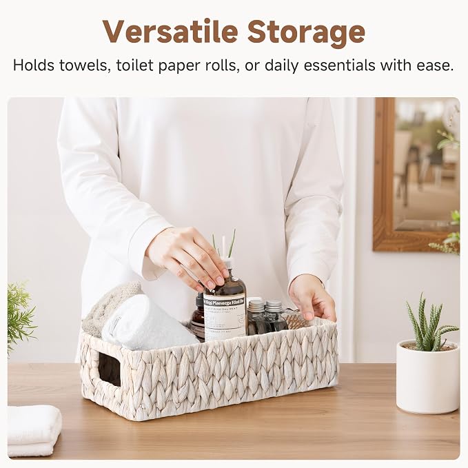 StorageWorks White Wicker Basket for Bathroom, Toilet Organizer Baskets | Small back of Toilet Tray for Decor with Built-in Handles, Water Hyacinth Toilets Paper Basket for Tank Topper