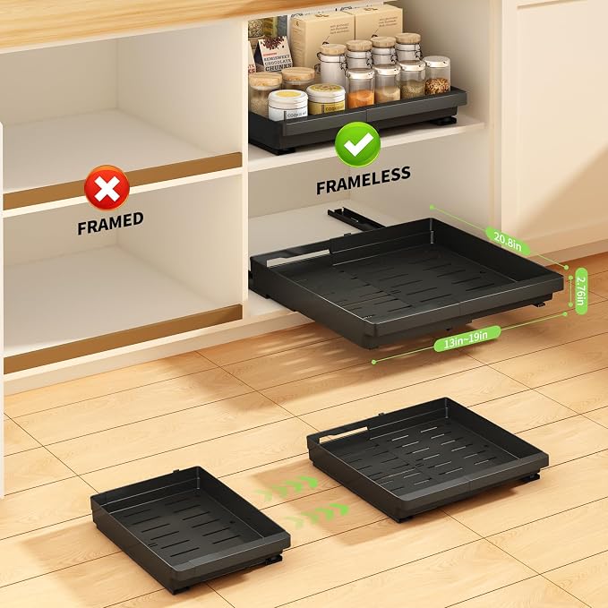DOMNIU Pull Out Cabinet Organizers Expandable,Black,20.8" Depth,2 Pack | Plastic Slide Out Drawers for Kitchen, Bathroom, Pantry, Under Sink Storage, Fixed with Adhesive Nano Film (13''-19'')