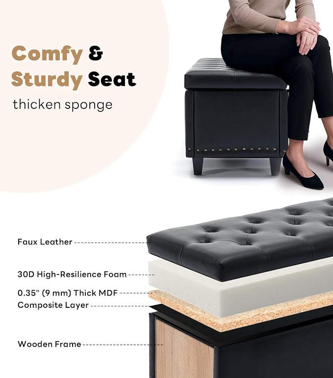 Tbfit Long Ottoman with Storage, 50.8" Faux Leather End of Bed Bench with Safety Hinge&Rivets, Entryway Benches Large Storage Ottoman Bench for Bedroom, Living Room, Holds up to 660 lb(Black)