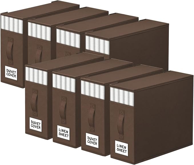 StorageTastic 8 Pack Bed Sheet Closet Organizers and Storage,Sturdy Foldable Storage Containers with Window and Label,Storage and Organization for Bedding Sheets,Duvet Covers,Blankets (Brown)