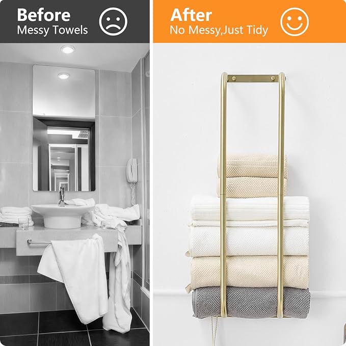 BWE Brushed Gold Towel Racks for Bathroom Wall Mounted for Rolled Towels | Bathroom Towel Rack Storage Stainless Steel Vertical Towel Holder Bathroom Organizer Space Saving for Bedrooms Hotels