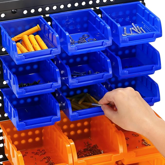 30-Bin Wall Mounted Storage Bins Kit, Tool Organizer Rack, Garage Hardware Organizer, Parts Storage Bins, DIY Combination(Red & Blue & Orange Type)
