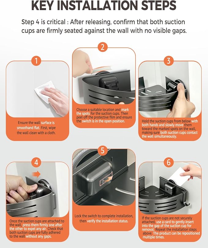 Conworld Corner Shower Caddy Suction Cups, No-Drilling Corner Shower Shelf | 1. No Drilling, No Wall Damage 2. Aluminum, Rustproof 3.Suitable for Ceramic Tiles and Glass Walls