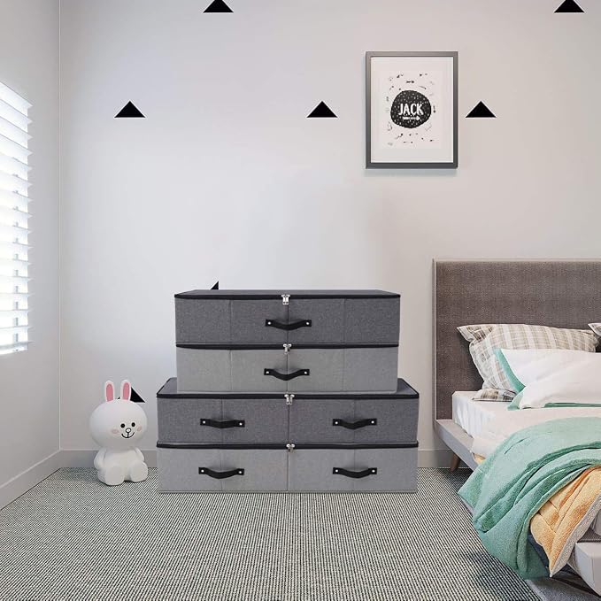 Under Bed Storage Bins with Lids, Closet Organizers, Foldable Under-bed Storage Baskets for Sheets, Clothes, Quilts, Sweaters, Wrapping Paper, 35x16.5x7inch, Black Gray, 2PCS