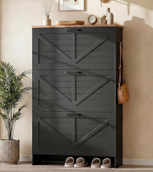 Nicetree Shoe Storage Cabinet for Entryway, 9.1" Ultra Slim 3-Drawer Flip Shoe Cabinet, Modern Black Farmhouse Hidden Shoe Organizer, Narrow Shoe Rack for Small Spaces