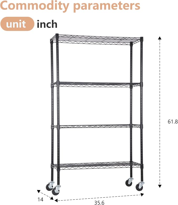 BestOffice | 4-Tier Wire Storage Shelves with Wheels | 36x14x62 | Black | Adjustable Racks | Heavy-Duty Metal Shelf, Holds Upto 500 lbs | No-Tool Assembly | Ideal for Home & Garage Shelving