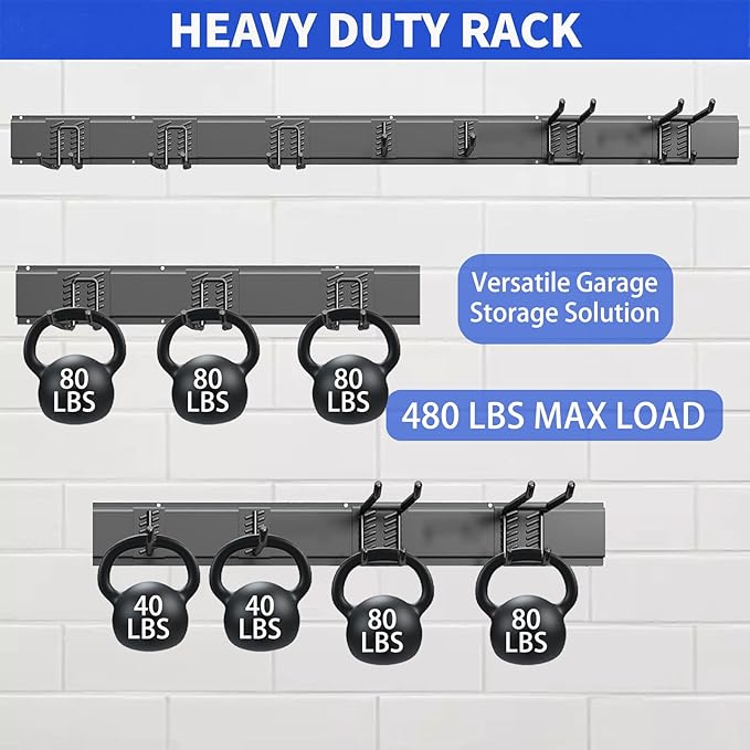 Garden Tool Organizer Wall Mount, 48inch Heavy Duty Garden Tool organizer Storage System, Easy Install With 7 Adjustable Hooks, For Garage, Basement, Shed, Workshop(Black)