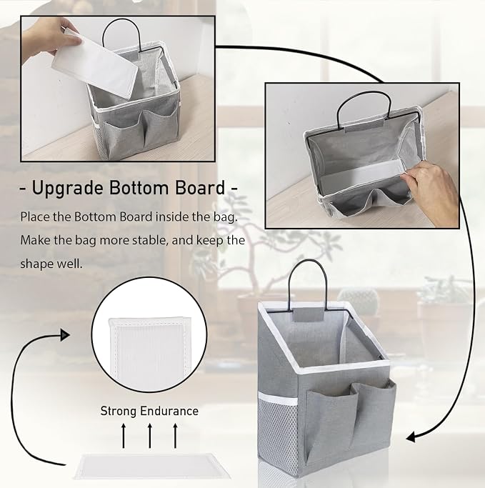 Kanrichu 3pcs Wall Hanging Organizer Bag, Linen Fabric Door Hanging Storage Basket with Pockets, Waterproof Bin for Kitchen, Bedroom, Office, RV Camper (Gray)