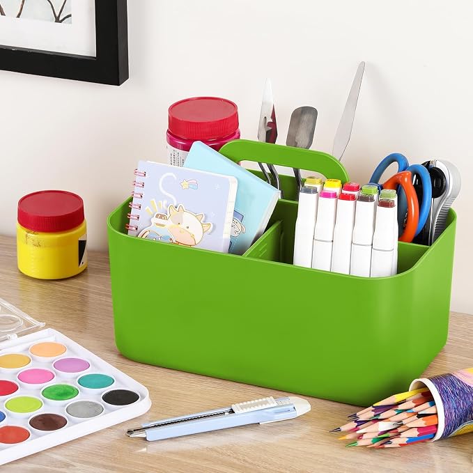 Multiuse Caddy Organizer with Handle, Portable Divided Plastic Tote Bin - Art Craft, Stationary Pen Marker Crayons, Makeup Hair Supplies Storage - Bathroom, Classroom, Dorm, Office, Desk Holder -Green