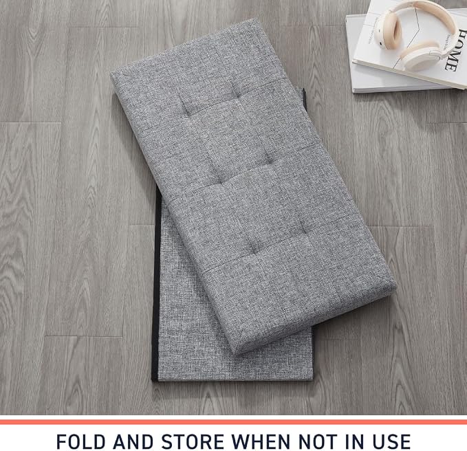 Ornavo Home 30 Inch Folding Storage Ottoman Bench, Tufted Linen, Gray | Upholstered Large Ottoman with Lid; Foot Rest Stool; Ideal for Bedroom, Living Room or Entryway