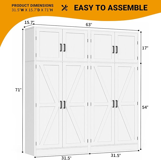 Unikito 71” Tall Kitchen Pantry Cabinet with Adjustable Shelves, 2 Pack | Large Farmhouse Storage Cabinets, Barn Doors, Sturdy and Deep, Versatile for Dinning Room, Living Room, Office, White