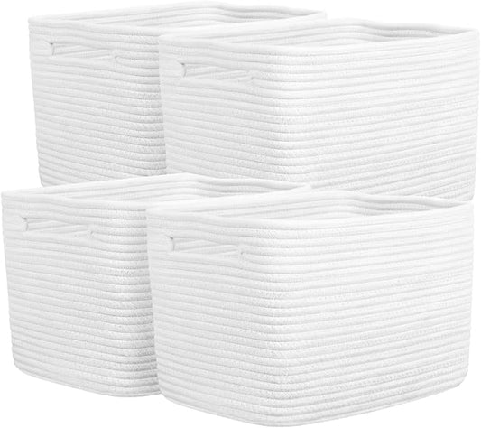 Storage Baskets for Organizing, 14 x 10 x 9” Closet Shelf Woven Baskets, Square Bins with Handles, Cotton Rope Basket for Clothes, Office, Room, White 4 Pack