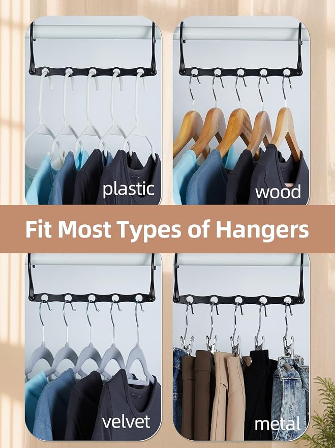 HOUSE DAY Space Saving Hangers, 8 Pack, Dorm Room Essentials for Girls | Space Saver Hanger Reinforced Hooks Swivels 360°, Cascading Hanger With 5 Holes, Sturdy Closet Organizers and Storage - Black