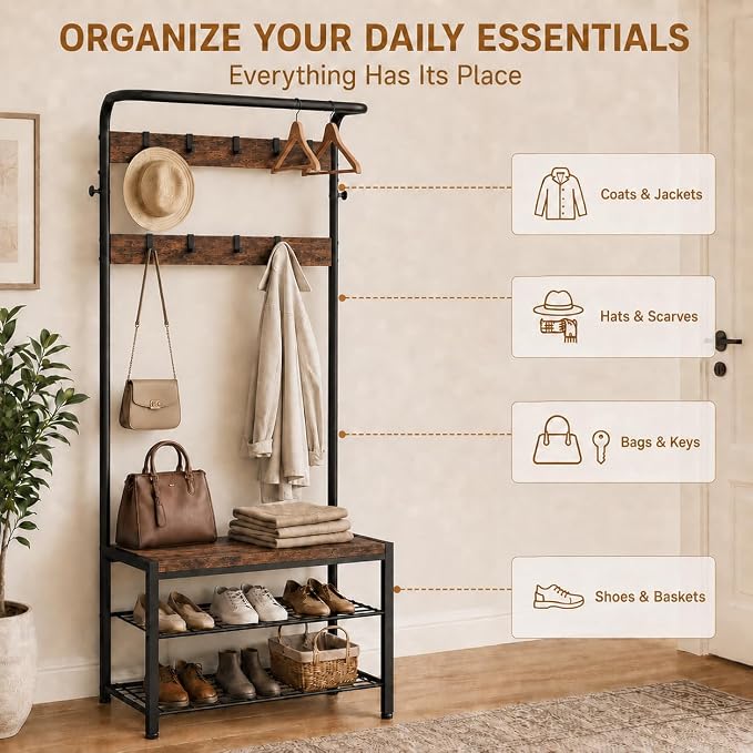Simple Deluxe 4-in-1 Hall Tree with Bench and Shoe Storage, Entryway Coat Rack with 10 Hooks, Freestanding Mudroom Organizer with 2-Tier Shoe Rack for Entryway Bedroom Foyer, Brown