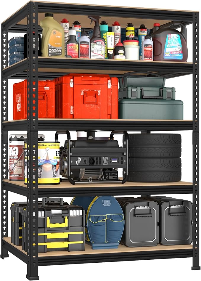 PrimeZone 5-Tier Garage Storage Shelves, Adjustable Metal Shelving, Black | 32"W x 16"D x 63" H, Heavy-Duty Metal Frame & Connectors, FSC MDF Boards, Deep Storage for Garage, Pantry, Closet, Warehouse