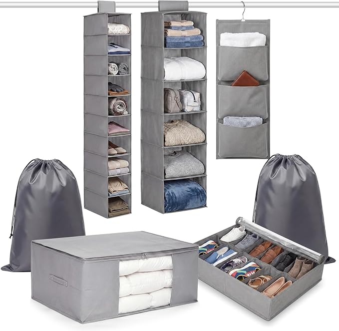 7 Pcs Dorm Storage Organizer Set College Dorm Room with Hanging Closet Organizer Under Bed Shoe Organizers Comforter Storages Bag Laundry Bags Non Woven Storage for Back to School
