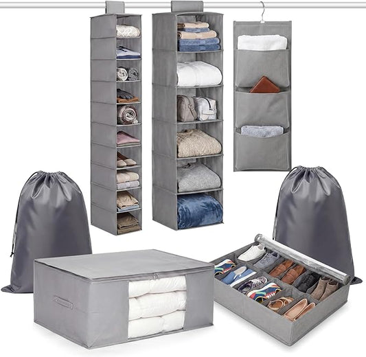 7 Pcs Dorm Storage Organizer Set College Dorm Room with Hanging Closet Organizer Under Bed Shoe Organizers Comforter Storages Bag Laundry Bags Non Woven Storage for Back to School