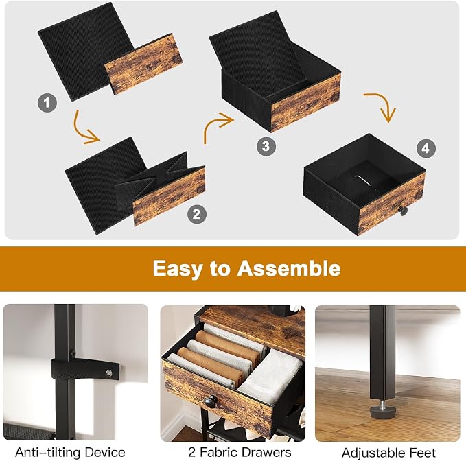 5 Tier Shoe Rack with 2 Drawers, Rustic Brown | Holds 16-20 pairs. Fabric shelves prevent dust. Drawers for small items. 20-min assembly with clear guide.