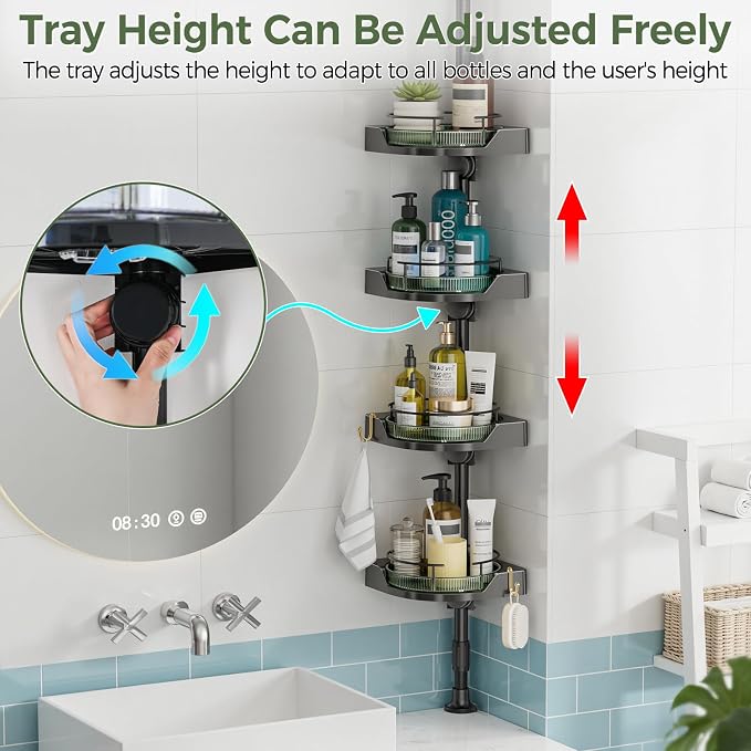 AKINBAS 360° Rotating Shower Caddy Tension Pole with 4-Tier Rustproof Lazy Susan 35-128 Inch No Drilling Coner Shelves Adjustable Shower Rack for Bathroom Bathtub Washbasin Plant Storage (Black+Green)