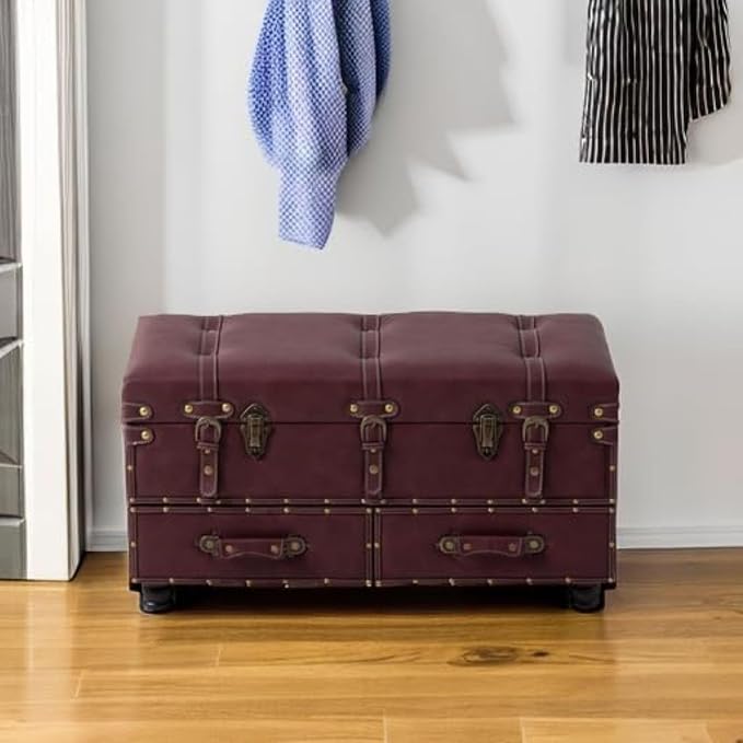 COZAYH - Storage Ottoman Bench Set of 2 - Dark Magenta | Faux Leather Upholstery, 31.5 in x 15.75 in x 17.25 in, Hinged Lid With Latch, 250 lb Capacity, Attach Legs Assembly