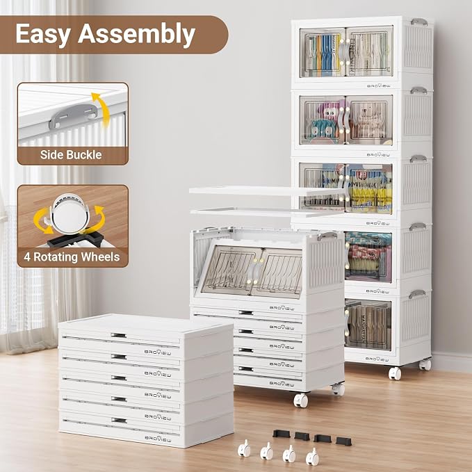 BROVIEW 180 Qt Stackable Storage Bins with Lid, Plastic Closet Organizers and Storage Drawer, Collapsible Storage Box with Wheels, Folding Storage Cabinet for Closet Clothes Organization, 4Pack White