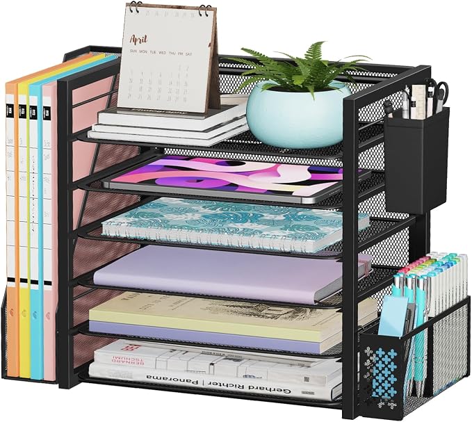 Simple Trending 6 Tier Metal Desk File Organizer with 2 Pen Holders, Black | 18"L x 9"W x 13"H, 6 Trays + Side file holder + 2 pen holders, sturdy metal frame, non-slip base, easy assembly, 24h support.