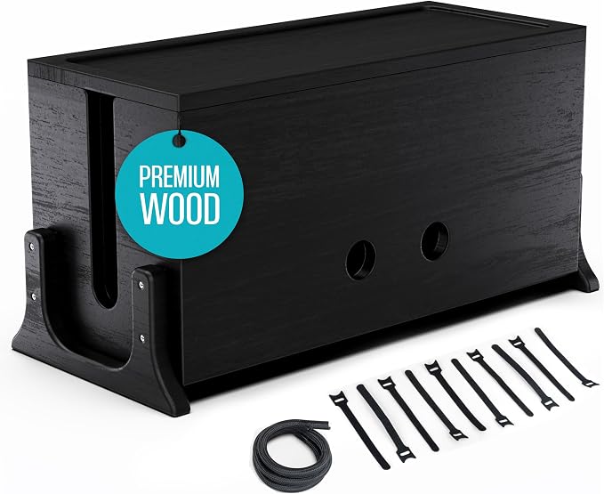 COREMINDED Extra Large Cable Management Box, Wood Cord Hider Box & Organizer for Power Strip, TV Wires & Desk Cable Storage