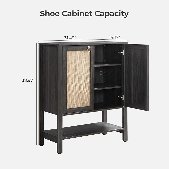 SICOTAS Rattan Shoe Storage Cabinet 5 Tier Shoe Organizer | with Doors and Shelves 24 Pair Capacity Tall Farmhouse Boho Shoe Rack for Entryway Hallway Living Room Closet, Obsidian