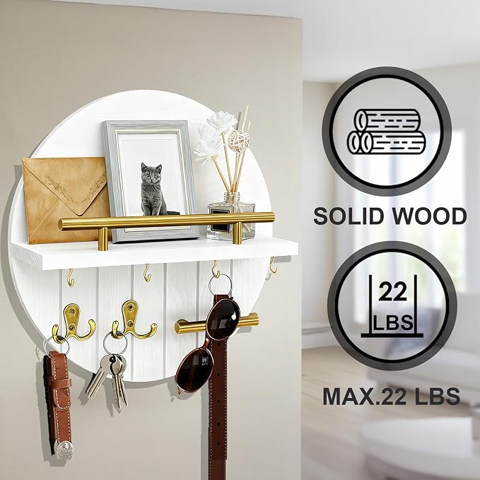 Round Wooden Key Holder Wall Mount with Shelf & 8 Key Hooks for Entryway | White Wood Key Holder, Top Shelf with Metal Guard Rail, Boho & Modern Farmhouse Entryway Decor for Home Apartment